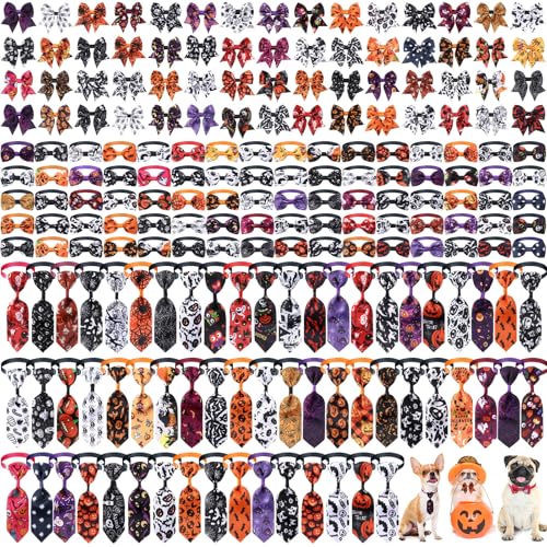 Reginary 200-teiliges Halloween-Fliegen-Set für Hunde, enthält 80 Hundefliegen, 60 Haustier-Krawatten, 60 Halsbänder, verstellbare Kürbis-Geist-Katze, Haustier-Fliege für kleine, mittelgroße Welpen von Reginary