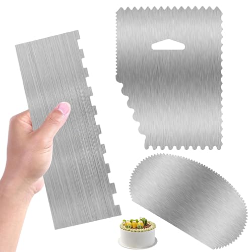 Reh:ncla 3 Stück Tortenschaber, Edelstahl Kuchenschaber Kuchen Creme Spachtel Set mit Streifenrand 2 in 1 Seitenschaber für Backen Werkzeuge Küche Backen DIY Torten Backen Zubehör von Reh:ncla