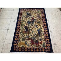 100x150 Beige Wollteppich - Jagdteppich Dschungel Teppich Pferdeteppich Löwenteppich Wohnzimmerteppich Aus Seide von RehmatRugs