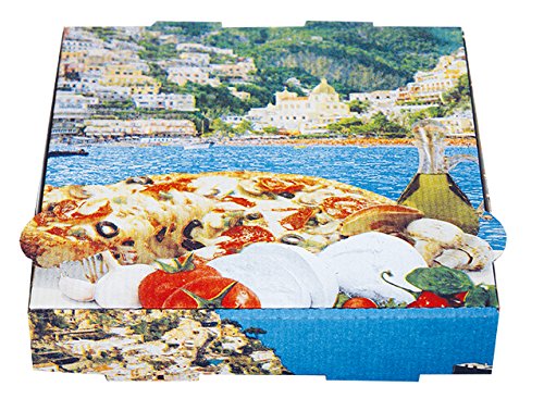 Rehoca Pizza-Box, 100 Stück, 32 x 32 x 4,2 cm, Kraft NYC, Mittelmeerküste Motiv, Rechteckig, Clip-on Verschluss, Handwäsche, Pizza, Take-Out von Rehoca