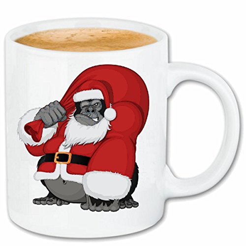 Kaffeetasse GORILLA ALS WEIHNACHTSMANN NIKOLAUS MERRY CHRISTMAS MONKEY SCHIMPANSE AFFE GORILLA SILBERRÜCKEN MENSCHENAFFE CHARLY AFFEN KING KONG Keramik von Reifen-Markt