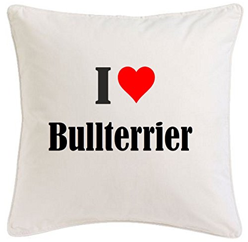 Kissenbezug I Love Bullterrier 40cmx40cm aus Mikrofaser geschmackvolle Dekoration für jedes Wohnzimmer oder Schlafzimmer in Weiß mit Reißverschluss von Reifen-Markt