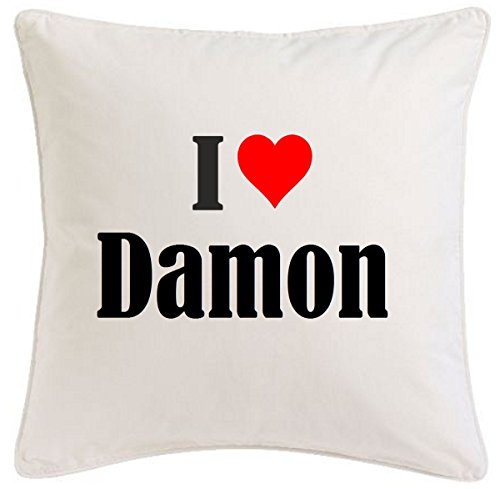 Kissenbezug I Love Damon 40cmx40cm aus Mikrofaser geschmackvolle Dekoration für jedes Wohnzimmer oder Schlafzimmer in Weiß mit Reißverschluss von Reifen-Markt