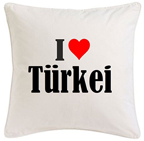 Kissenbezug I Love Türkei 40cmx40cm aus Mikrofaser geschmackvolle Dekoration für jedes Wohnzimmer oder Schlafzimmer in Weiß mit Reißverschluss von Reifen-Markt