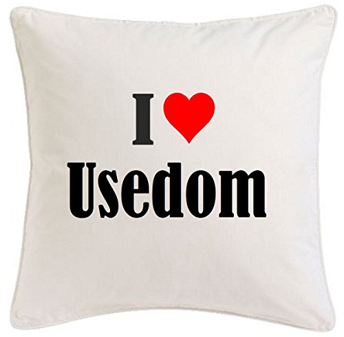 Kissenbezug I Love Usedom 40cmx40cm aus Mikrofaser geschmackvolle Dekoration für jedes Wohnzimmer oder Schlafzimmer in Weiß mit Reißverschluss von Reifen-Markt