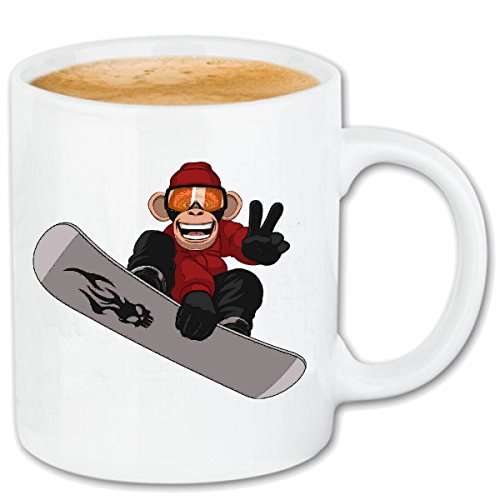 Reifen-Markt Kaffeetasse AFFE BEIM SNOWBOARDEN SCHIMPANSE SNOWBOARD SNOWBOARDFAHRER SNOWBOARDER WINTERSPORT SKIFAHREN Keramik 330 ml in Weiß von Reifen-Markt