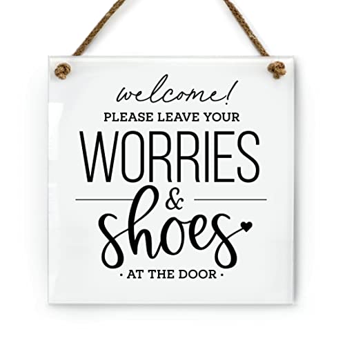 15,2 x 15,2 cm "Leave Shoes & Worries at the Door" Designer-Schild ~ fertig zum Aufhängen ~ Premium-Finish, langlebig (weiß) von Reilly Originals