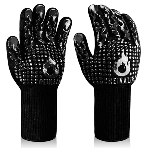 Reinalin Grillhandschuhe Hitzebeständig bis 800°C, Ofenhandschuhe Topfhandschuhe Feuerfeste Handschuhe BBQ Handschuhe Kochhandschuhe Backhandschuhe Backofenhandschuhe (L/XL/XXL, Schwarz) von Reinalin