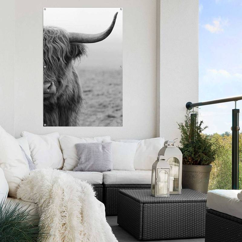 home24 Outdoor-Poster Highlander Bulle Wetterbeständiges PVC mit Aufhängeösen Schwarz/Weiß 80 x 120 x 0cm von home24