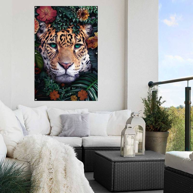 home24 Outdoor-Poster Leopard Wetterbeständiges PVC mit Aufhängeösen Multicolor 80 x 120 x 0cm von home24