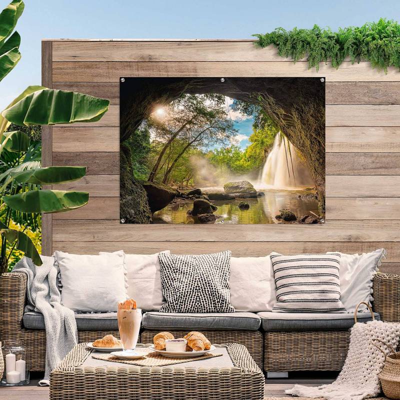 home24 Outdoor-Poster Steinhöhle Wetterbeständiges PVC mit Aufhängeösen Multicolor 100 x 140 x 0cm von home24