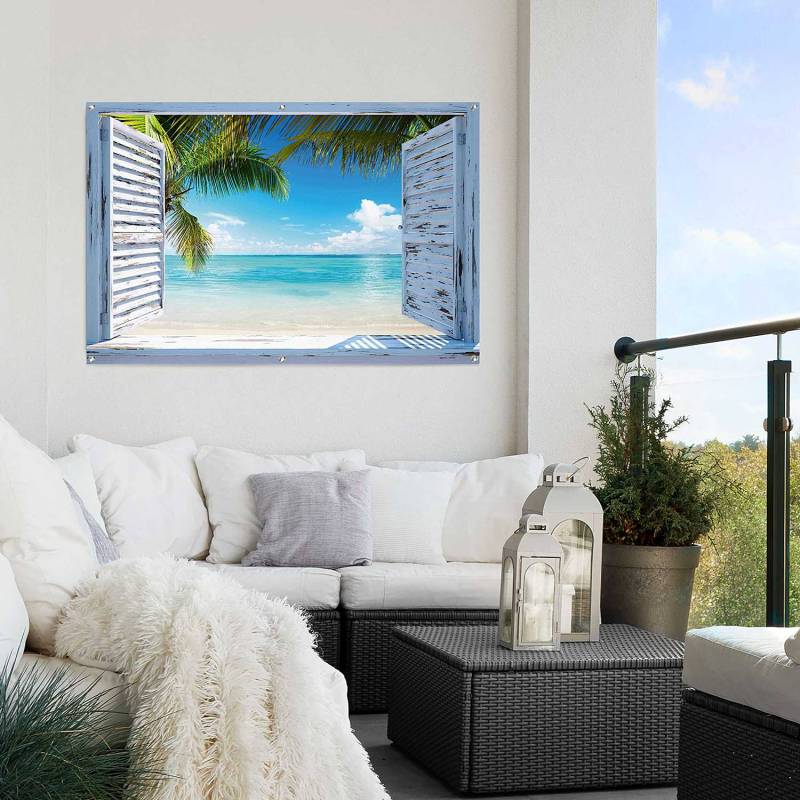 home24 Outdoor-Poster Strandfenster Leinwand auf Holzrahmen Blau 80 x 120 x 0cm von home24