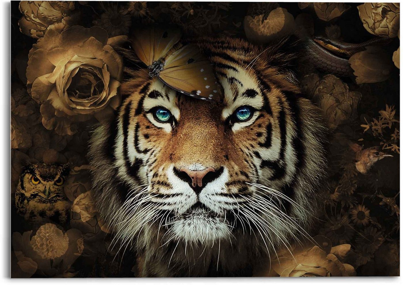 Reinders! Glasbild Glasbild Tiger Tierreich - Blumen - Herbstfarben - Blaue Augen, Tiger (1 St) von Reinders!