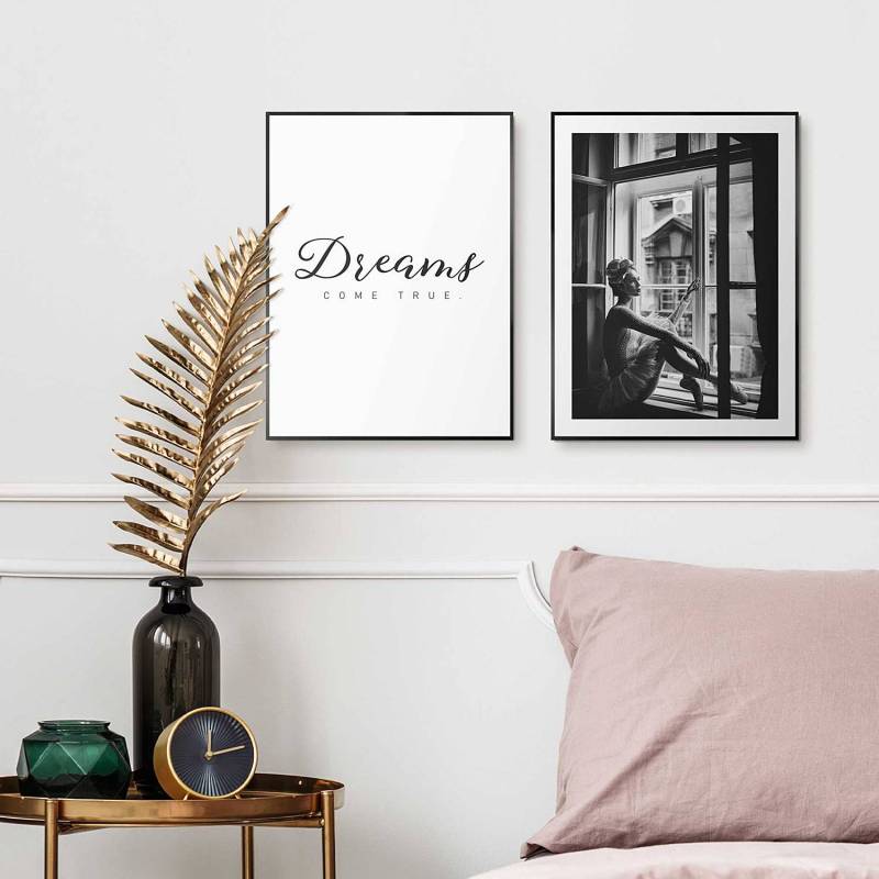 home24 Wandbild Ballerina 2-teilig Kunstdruck in Holzrahmen ohne Glas Schwarz 30 x 40 x 1cm von home24