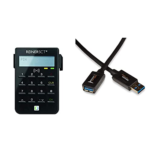 Reiner SCT cyberJack RFID Chip-Kartenlesegerät Standard | Generator für Online-Banking (HBCI/FinTS/EBICS); Elster & Amazon Basics USB 3.0-Verlängerungskabel A-Stecker auf A-Buchse, 2 m von REINER SCT