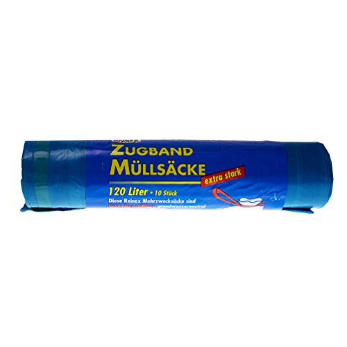 10 Stück Müllsäcke 120 Liter mit Zugband extra stark, Blau, Müllbeutel von Reinex
