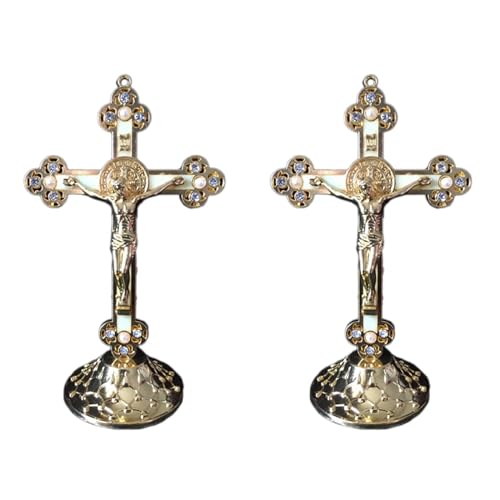 Reinscer 2X Stehendes Kruzifix mit Sockel Legierung Kreuz für Haus Kapellen Dekoration und ReligiöSe Geschenke (Gold) von Reinscer