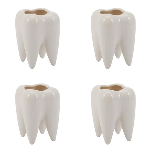 Reinscer 4X Zahnform Weisse Keramik Blumentopf Modernes Design Pflanzgefaess Zaehne Modell Mini Desktop Topf Kreative Geschenk (Ohne Pflanzen) von Reinscer
