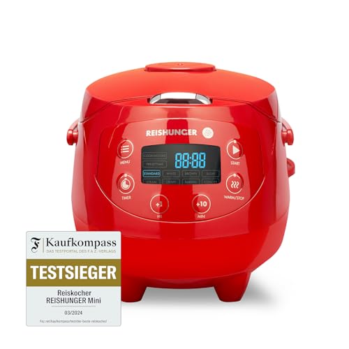 REISHUNGER Digitaler Reiskocher klein, rot | 0,6 L bis 3 Personen | Warmhaltefunktion, Timer & Premium Topf | Kleiner Multikocher & Dampfgarer, 8 Programme, 7-Phasen-Technologie von Reishunger