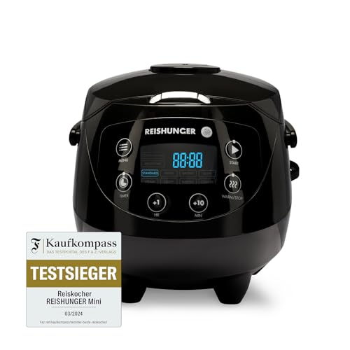 REISHUNGER Digitaler Reiskocher klein, schwarz | 0,6 L bis 3 Personen | Warmhaltefunktion, Timer & Premium Topf | Kleiner Multikocher & Dampfgarer, 8 Programme, 7-Phasen-Technologie von Reishunger