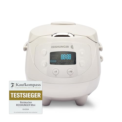 REISHUNGER Digitaler Reiskocher klein, grau | 0,6 L bis 3 Personen | Warmhaltefunktion, Timer & Premium Topf | Kleiner Multikocher & Dampfgarer, 8 Programme, 7-Phasen-Technologie von Reishunger