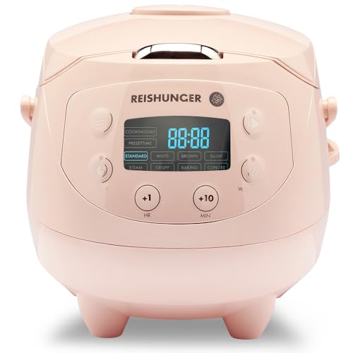 REISHUNGER Digitaler Reiskocher klein, rosa | 0,6 L bis 3 Personen | Warmhaltefunktion, Timer & Premium Topf | Kleiner Multikocher & Dampfgarer, 8 Programme, 7-Phasen-Technologie von Reishunger