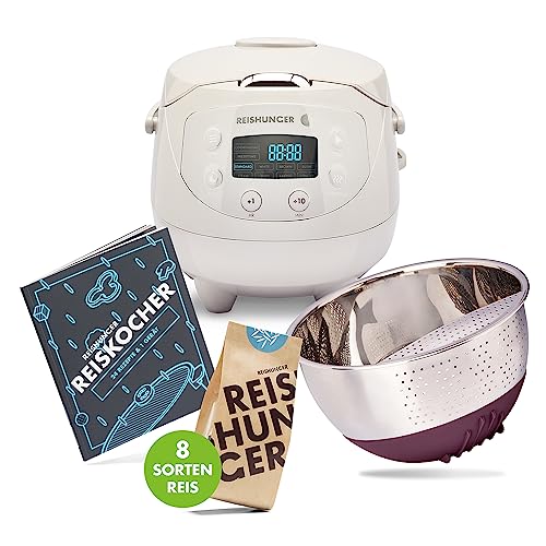 REISHUNGER Digitaler Reiskocher klein, grau | 0,6 L bis 3 Personen | 11-teiliges Starterset inkl. Reiswaschschüssel, Kochbuch & 8 Sorten Reis von Reishunger