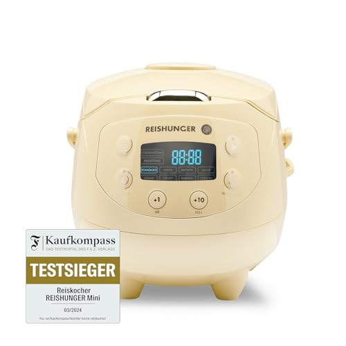 REISHUNGER Digitaler Reiskocher klein, hellgelb | 0,6 L bis 3 Personen | Warmhaltefunktion, Timer & Premium Topf | Kleiner Multikocher & Dampfgarer, 8 Programme, 7-Phasen-Technologie von Reishunger