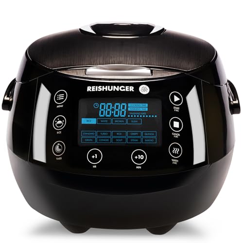 REISHUNGER Digitaler Reiskocher & Dampfgarer Schwarz | 1,5 L bis 8 Personen | Warmhaltefunktion, Timer & Premium Innentopf | Multikocher, 12 Programme, 7-Phasen-Technologie von Reishunger