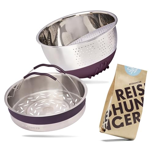 REISHUNGER Premium Upgrade Set für den Digitalen Reiskocher (1.5 l) - Edelstahl Reis Waschschüssel aubergine, Edelstahl Dämpfeinsatz & Reisset (8x200 g) von Reishunger