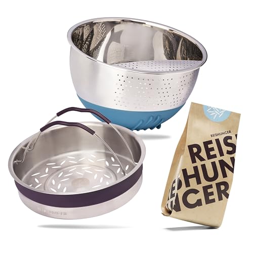 REISHUNGER Premium Upgrade Set für den Digitalen Reiskocher (1.5 l) - Edelstahl Reis Waschschüssel petrol, Edelstahl Dämpfeinsatz & Reisset (8x200 g) von Reishunger