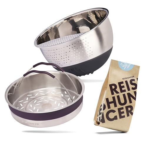 REISHUNGER Premium Upgrade Set für den Digitalen Reiskocher (1.5 l) - Edelstahl Reis Waschschüssel schwarz, Edelstahl Dämpfeinsatz & Reisset (8x200 g) von Reishunger