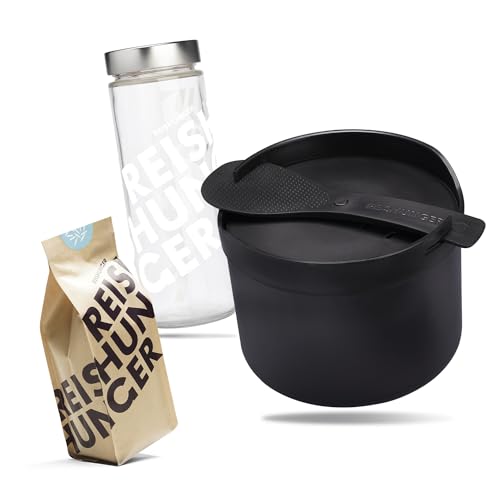 REISHUNGER Starter Set Mikrowellen Reiskocher (1,7 l) - schwarz - Für perfekt gegarten Reis in nur 12 Minuten - Spülmaschinengeeignet inkl. 3 Sorten Reis & Reisglas von Reishunger