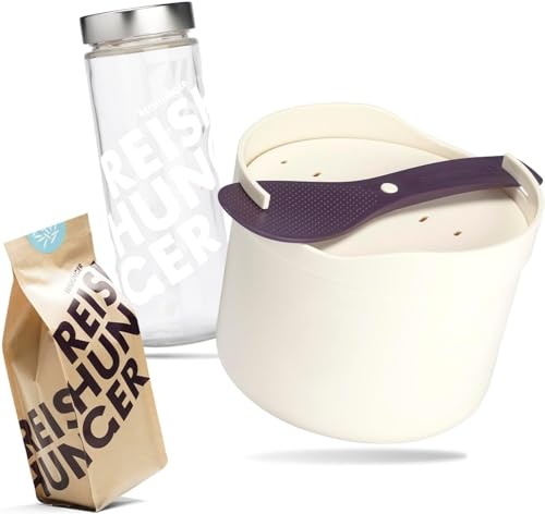 REISHUNGER Starter Set Mikrowellen Reiskocher (1,7 l) - weiß - Für perfekt gegarten Reis in nur 12 Minuten - Spülmaschinengeeignet inkl. 3 Sorten Reis & Reisglas von Reishunger
