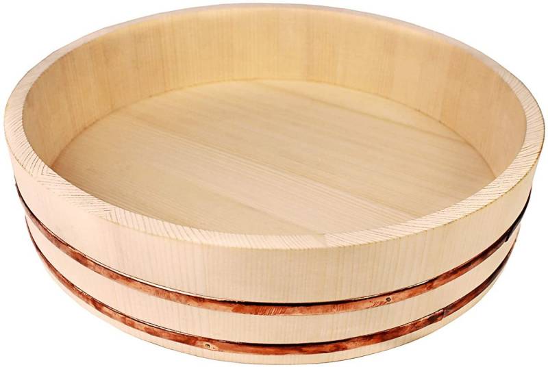 Reishunger Schüssel - Hangiri Holzschüssel für Sushi Reis, Kiefernholz mit Kupferstreifen von Reishunger