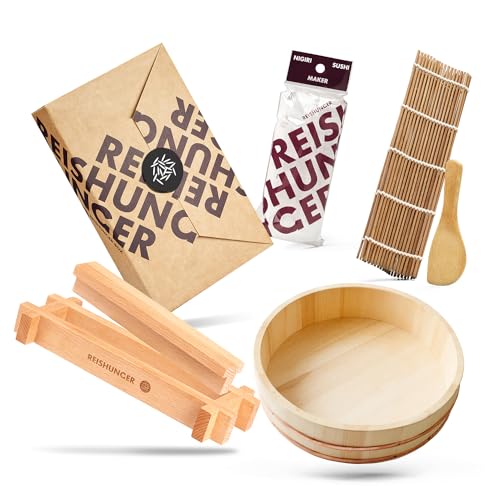 Reishunger Sushi Equipment Box XXL mit Hangiri Holzschüssel, inkl. Premium Sushi Maker + Rezeptkarte, Sushi in Profiqualität zu Hause zubereiten – perfekt für Sushi Fans von Reishunger