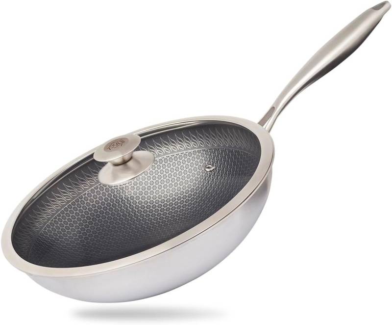 Reishunger Wok Premium Wok, Edelstahl (Wok mit Glasdeckel), für Induktions-, Ceran- oder Gasherd von Reishunger