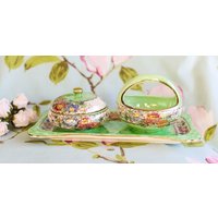 Entzückendes Malingware Schwammbemaltes Schminktisch Set Feines Lüster von ReiverVintage