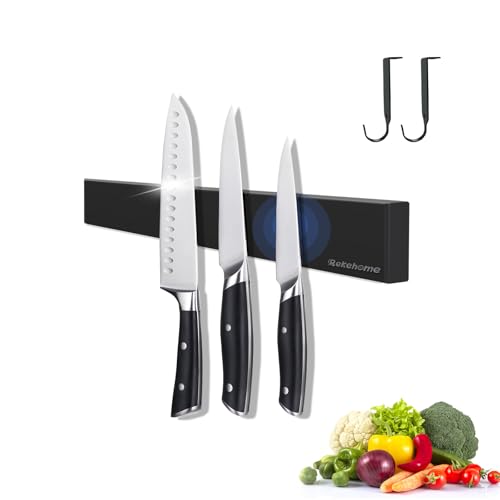Magnetleiste Messer, 25CM Messerhalter Magnetisch aus Edelstahl mit Extra Starkem Magnet, Schwarz Messer Halterung magnet messerhalter Selbstklebend oder Bohren mit 2 Haken von Rekehome
