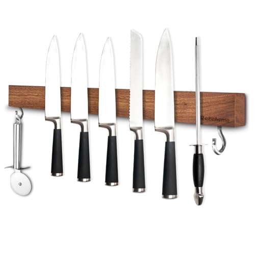 Magnetleiste Messer, 50cm Messerhalter magnetisch aus Walnussholz mit 2 Haken, Magnet Messerhalter Holz mit extra Starkem Magnet von Rekehome