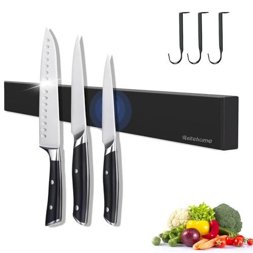 Magnetleiste Messer, Magnet Messerhalter aus Edelstahl mit Extra Starkem Magnet, 40CM Schwarz Messer Halterung Messerleiste Magnetisch Selbstklebend oder Bohren mit 3 Haken von Rekehome