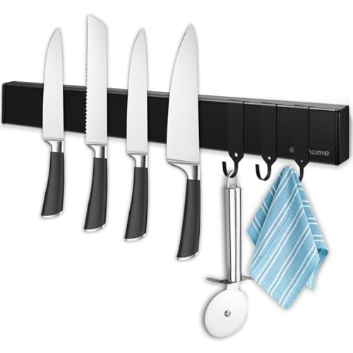 Magnetleiste Messer, Magnet Messerhalter aus Edelstahl mit Extra Starkem Magnet, 43CM Messer Halterung Messerleiste Magnetisch Selbstklebend oder Bohren mit 3 Haken von Rekehome