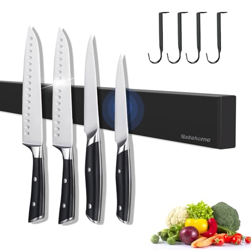 Magnetleiste Messer, Messerhalter Magnetisch aus Edelstahl mit Extra Starkem Magnet, 59CM Schwarz Messer Halterung Messerleiste Magnetisch Selbstklebend oder Bohren mit 4 Haken von Rekehome