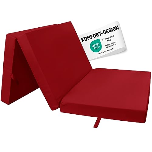 RelaxXL Klappmatratze Junior 190x60x7cm Rot | Faltmatratze mit Tragegriff | Schlafmatte Schaumstoff 7 cm | Gästematratze 3-teilig | Bezug waschbar | Öko Tex 100 | Baumwoll-Polyestermix von RelaxXL