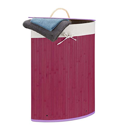 Relaxdays 1 x Eckwäschekorb Bambus, Faltbare Wäschebox 60 Liter, platzsparend, Wäschesack Baumwolle, 65 x 49,5 x 37 cm, violett von Relaxdays