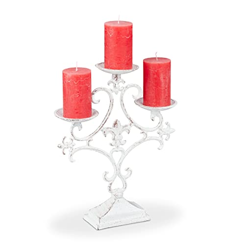 1 x Kerzenständer, 3-armig, Kerzenhalter Stumpenkerzen, Shabby, Vintage, Gusseisen, HxBxT: 28,5 x 23 x 7,5 cm, weiß von Relaxdays