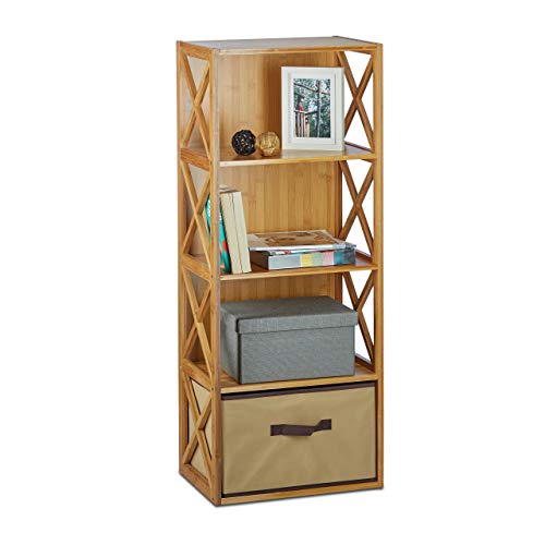 1 x Regal Bambus mit Korb, 4 Ablagen, Holz Standregal, Badregal, Faltbox, H x B x T: 105 x 42 x 29 cm, Natur braun von Relaxdays