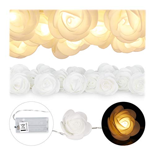 1 x Rosen Lichterkette, 20er LED Lichterkette Batterie, Hochzeit, Verlobung & Valentinstag, warmweiß, Deko, weiß von Relaxdays