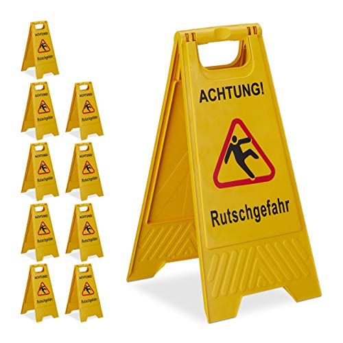 10 x Achtung Rutschgefahr Aufsteller, klappbar, Warnschild vor Glätte, beidseitig beschriftet, Hinweisschild, gelb von Relaxdays