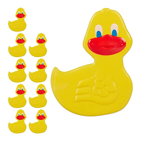 10 x Badewannen Sticker Kinder, Tier-Design Ente, mit Saugnäpfen, Badesticker Wanne & Dusche, Anti Rutsch Pads, gelb von Relaxdays